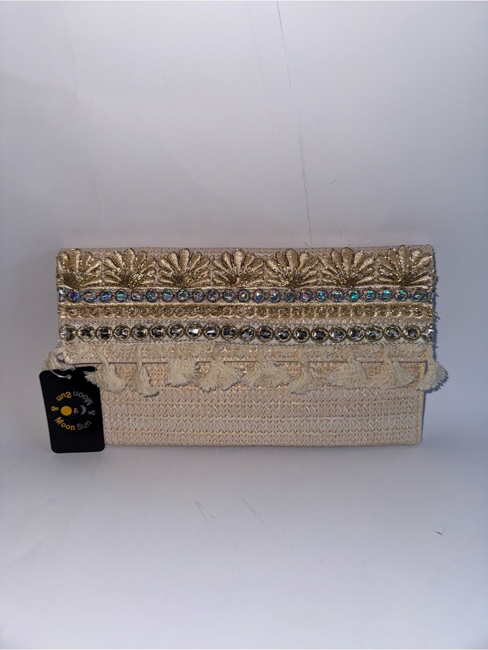 Woven Straw Embroidered Clutch Bag Crossbody Wristlet Convertible Beige